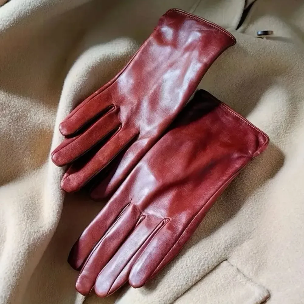 Genuine leather dark red gloves